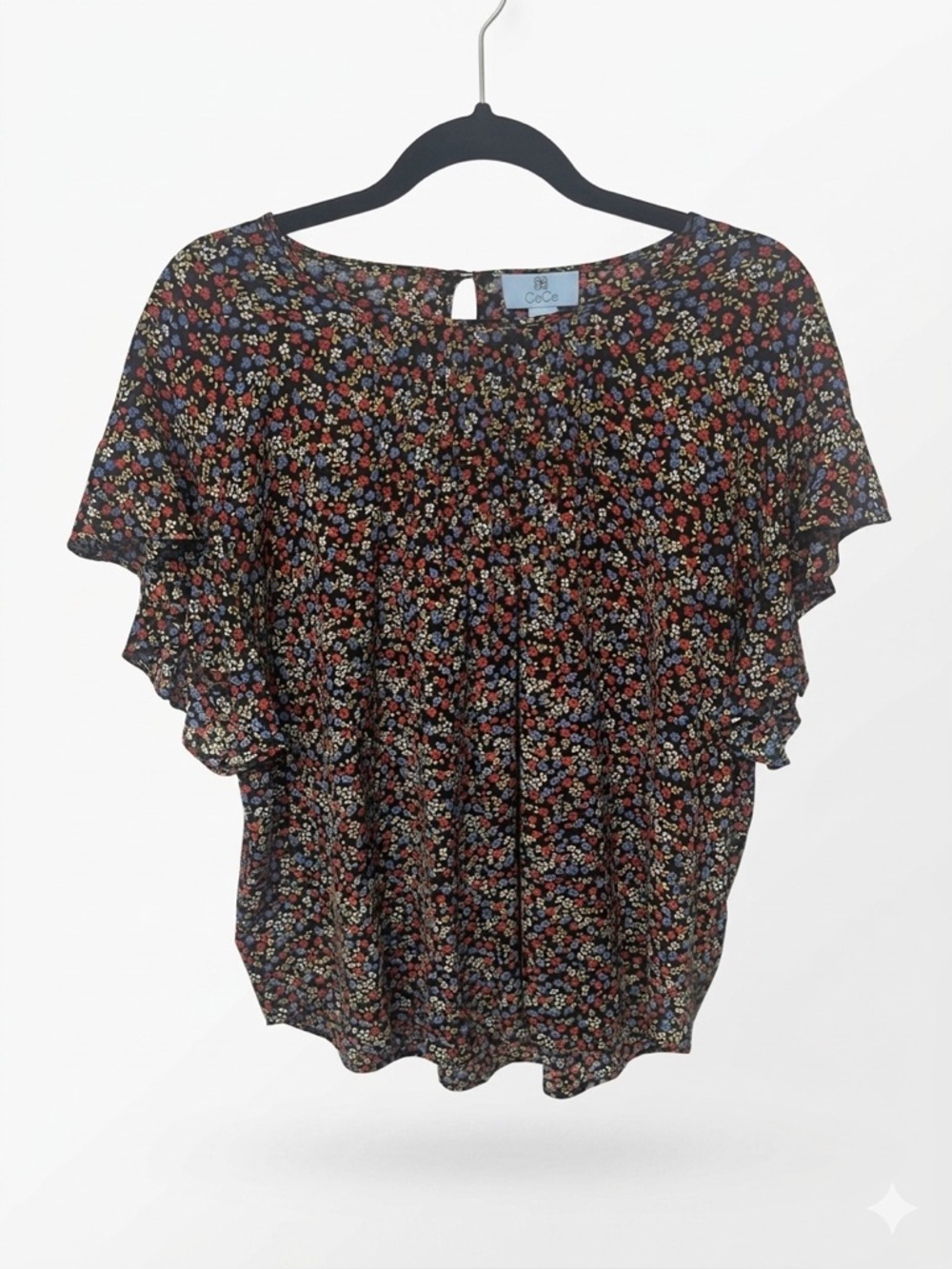 CeCe Black Floral Flutter Sleeve Blouse XL